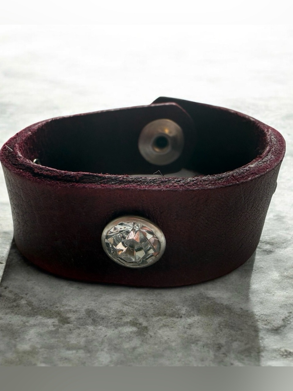 Handmade Genuine Dark Red Leather Snap Cuff Bracelet - Unisex